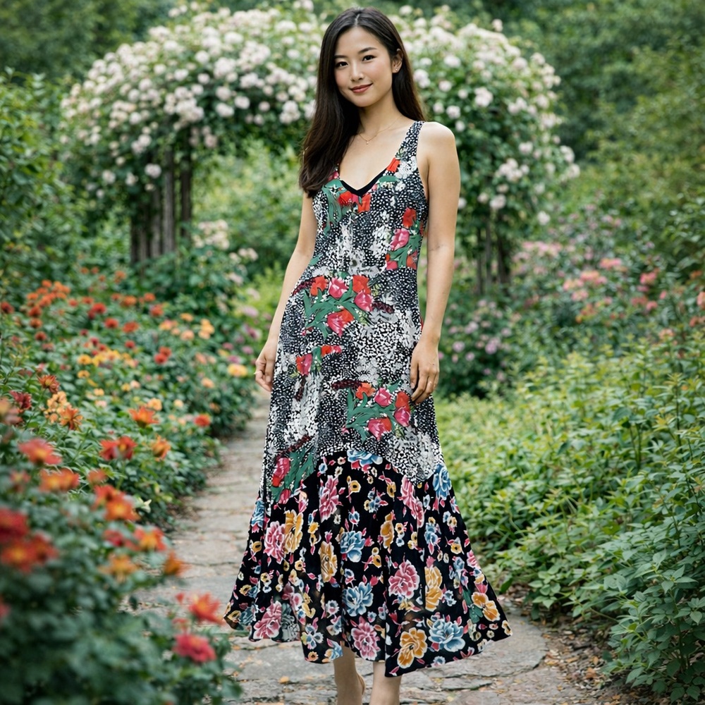 Maeve By Anthropologie Violette Dress Sz 0 Midi Floral Fit & Flare Mixed Print